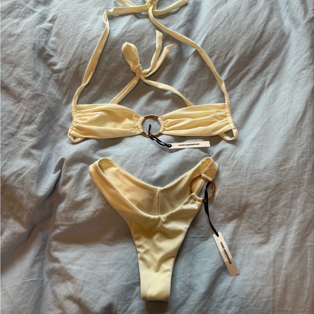 Hard Swimwear White Bikini with Halter Top and High-Cut Bottom and Gold - Picture 3 of 3